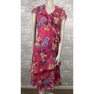 Sundance 8P 100% Silk Red Floral V-neck Tiered Dress